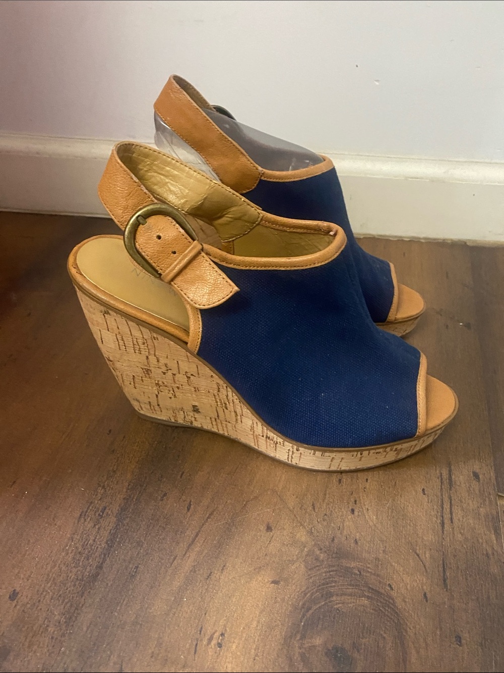 Nine West Navy Canvas Cork Wedge Sandals with Tan Trim